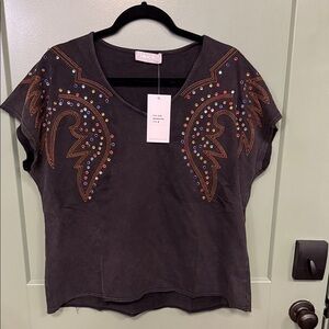 ba&sh Black Short Sleeve V-Neck Top with Multicolor Stud Embroidery